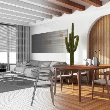 Architect interior designer concept: hand-drawn draft unfinished project that becomes real, modern dining and living room. Table with chairs and decors. Farmhouse style