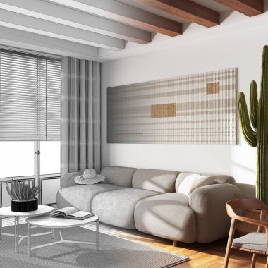 Architect interior designer concept: hand-drawn draft unfinished project that becomes real, wooden japandi living and room. Farmhouse style