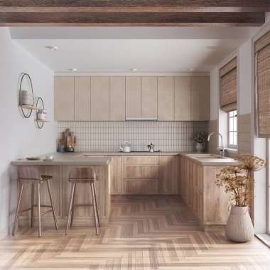 Farmhouse kitchen in white and beige tones. Bleached wooden cabinets, island with stools, parquet floor. Modern interior design