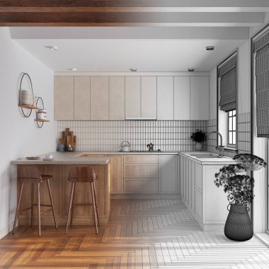 Architect interior designer concept: hand-drawn draft unfinished project that becomes real, farmhouse kitchen. Cabinets and island with stools. Modern style