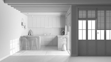 Total white project draft, rustic wooden kitchen. Cabinets, island with stools, parquet floor. Door and window. Farmhouse interior design