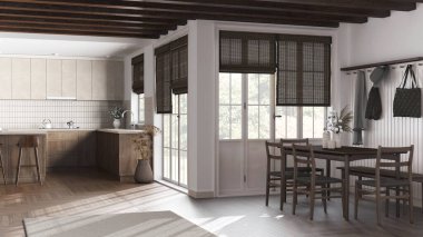 Farmhouse kitchen and dining room in white and beige tones. Dark wooden cabinets, island with stools, table with chairs. Modern interior design
