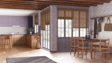 Farmhouse kitchen and dining room in white and violet tones. Wooden cabinets, island with stools, table with chairs. Modern interior design