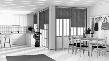 Blueprint unfinished project draft, farmhouse kitchen and dining room. Wooden cabinets, island with stools, table with chairs. Modern interior design