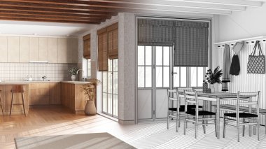 Architect interior designer concept: hand-drawn draft unfinished project that becomes real, farmhouse kitchen and dining room. Wooden cabinets, table with chairs. Modern style