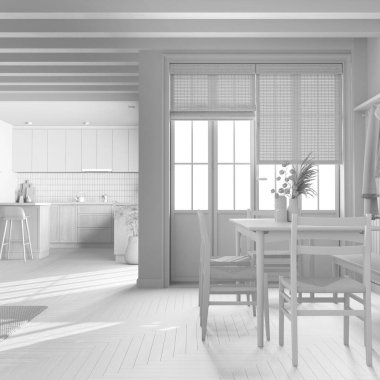 Total white project draft, rustic wooden kitchen and dining room. Cabinets and parquet floor. Table with chairs. Farmhouse interior design