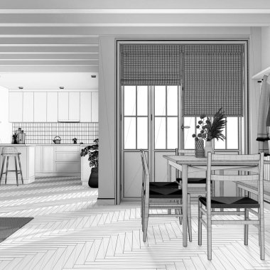 Blueprint unfinished project draft, rustic wooden kitchen and dining room. Cabinets and parquet floor. Table with chairs. Farmhouse interior design