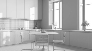 Total white project draft, japandi trendy kitchen and dining room. Wooden cabinets and window. Minimalist interior design