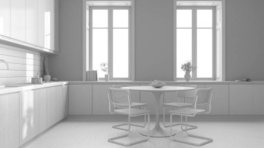 Total white project draft, modern japandi kitchen and dining room. Cabinets and dining table with chairs, parquet floor. Farmhouse interior design
