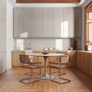 Wooden kitchen and dining room in white and beige tones. Cabinets and table with chair. Wallpaper and parquet floor. Farmhouse interior design
