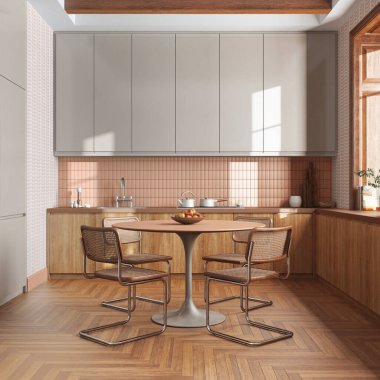 Wooden kitchen and dining room in white and orange tones. Cabinets and table with chair. Wallpaper and parquet floor. Farmhouse interior design