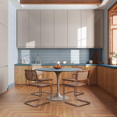 Wooden kitchen and dining room in white and blue tones. Cabinets and table with chair. Wallpaper and parquet floor. Farmhouse interior design