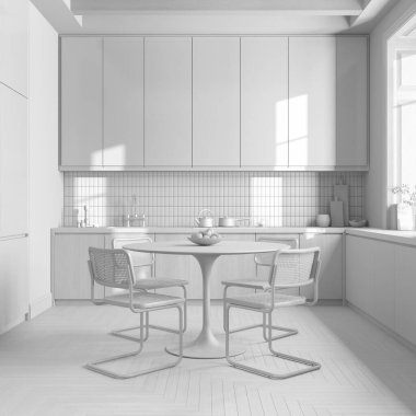 Total white project draft, wooden kitchen and dining room. Cabinets and table with chair. Wallpaper and parquet floor. Farmhouse interior design