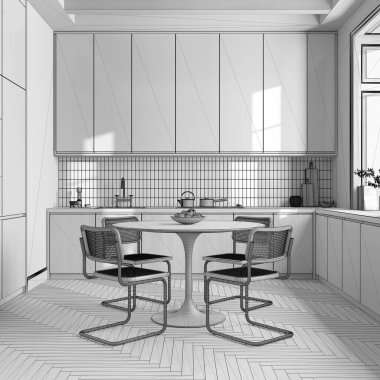 Blueprint unfinished project draft, wooden kitchen and dining room. Cabinets and table with chair. Wallpaper and parquet floor. Farmhouse interior design