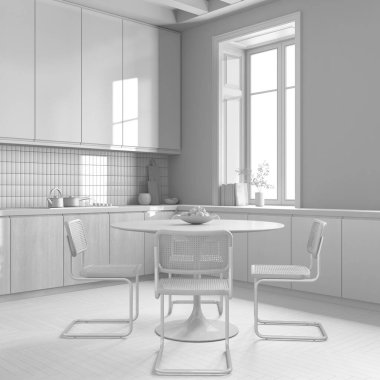 Total white project draft, contemporary wooden kitchen and dining room. Cabinets and parquet floor. Table with chairs. Farmhouse interior design