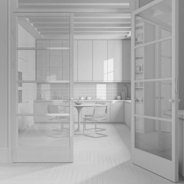 Total white project draft, opened door on wooden kitchen and dining room. Cabinets and parquet floor. Table with chairs. Farmhouse interior design