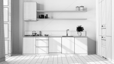 Blueprint unfinished project draft, farmhouse wooden kitchen with appliances. Cabinets, shelves, wallpaper and parquet floor. Japandi interior design