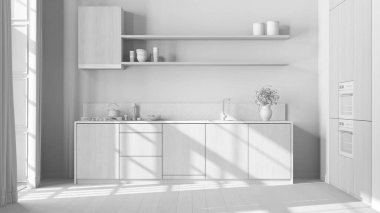 Total white project draft, farmhouse wooden kitchen with appliances. Cabinets, shelves, wallpaper and parquet floor. Japandi interior design