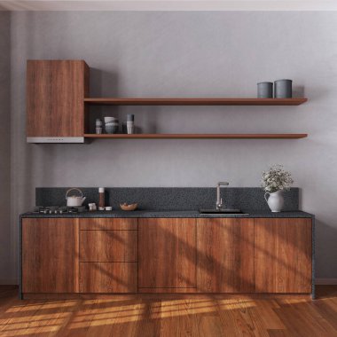 Rustic wooden kitchen with appliances in gray and beige tones. Cabinets, shelves, wallpaper and parquet floor. Farmhouse interior design