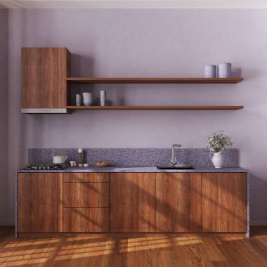 Rustic wooden kitchen with appliances in purple and beige tones. Cabinets, shelves, wallpaper and parquet floor. Farmhouse interior design