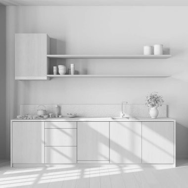 Total white project draft, rustic wooden kitchen with appliances. Cabinets, shelves, wallpaper and parquet floor. Farmhouse interior design