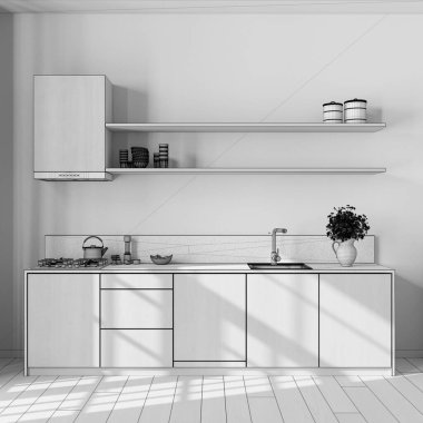 Blueprint unfinished project draft, rustic wooden kitchen with appliances. Cabinets, shelves, wallpaper and parquet floor. Farmhouse interior design