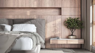Modern bedroom close up. Bleached wooden headboard in white and beige tones. Velvet bed, bedding, pillows and carpet. Contemporary interior design