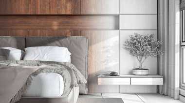 Architect interior designer concept: hand-drawn draft unfinished project that becomes real, modern bedroom close up. Wooden headboard. Contemporary style