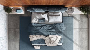 Modern bedroom with wooden headboard in white and blue tones. Velvet bed, bedding, pillows and carpet. Top view, plan, above. Minimalist interior design