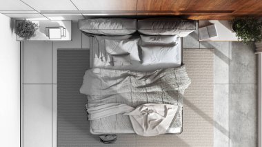 Architect interior designer concept: hand-drawn draft unfinished project that becomes real, modern bedroom with wooden headboard. Top view, plan, above. Minimalist style
