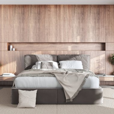 Minimalist bedroom with bleached wooden headboard in white and beige tones. Velvet bed, bedding, pillows and carpet. Contemporary interior design