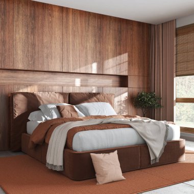 Cozy bedroom close up. Wooden headboard in orange and beige tones. Velvet bed, bedding, pillows and carpet. Contemporary minimalist interior design