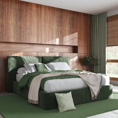 Cozy bedroom close up. Wooden headboard in green and beige tones. Velvet bed, bedding, pillows and carpet. Contemporary minimalist interior design