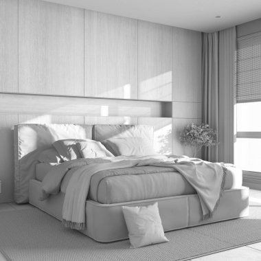 Total white project draft, cozy bedroom close up. Wooden headboard. Velvet bed, bedding, pillows and carpet. Contemporary minimalist interior design