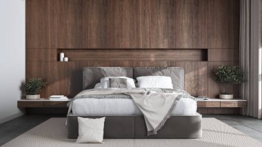 Modern bedroom with wooden headboard in dark and beige tones. Velvet bed, bedding, pillows and carpet. Contemporary interior design
