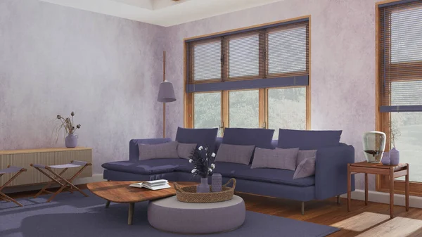 Modern living room in white and purple tones. Fabric sofa, wooden furniture and parquet floor. Japandi interior design