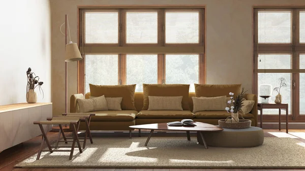 Japandi minimalist living room in yellow and beige tones. Fabric sofa, wooden furniture and parquet floor. Modern interior design