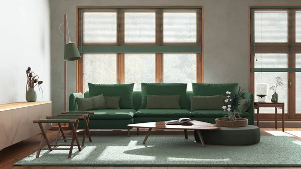 Japandi minimalist living room in green and beige tones. Fabric sofa, wooden furniture and parquet floor. Modern interior design
