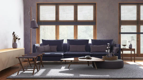 Japandi minimalist living room in purple and beige tones. Fabric sofa, wooden furniture and parquet floor. Modern interior design