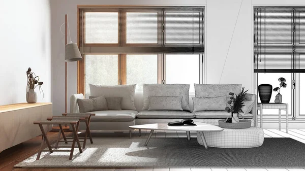 Architect interior designer concept: hand-drawn draft unfinished project that becomes real, japandi minimalist living room. Fabric sofa and wooden furniture. Modern style