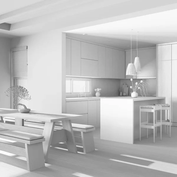 Total white project draft, japandi living, dining room and kitchen. Fabric sofa, dining table with benches and island. Modern interior design
