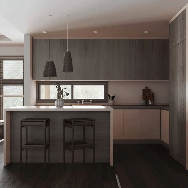 Minimalist kitchen in dark and beige tones with island and stools. Wooden cabinets, appliances and decors. Japandi interior design