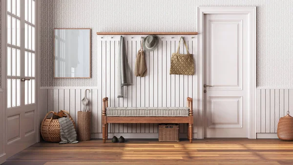 stock image Nordic farmhouse hallway in white and beige tones. Wooden bench and coat rack. Glass, wallpaper and entrance door, scandinavian interior design