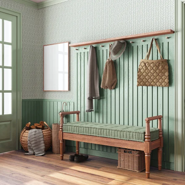 Scandinavian hallway in white and green tones with frame mockup. Wooden bench and coat rack. Glass, wallpaper and entrance door, farmhouse interior design