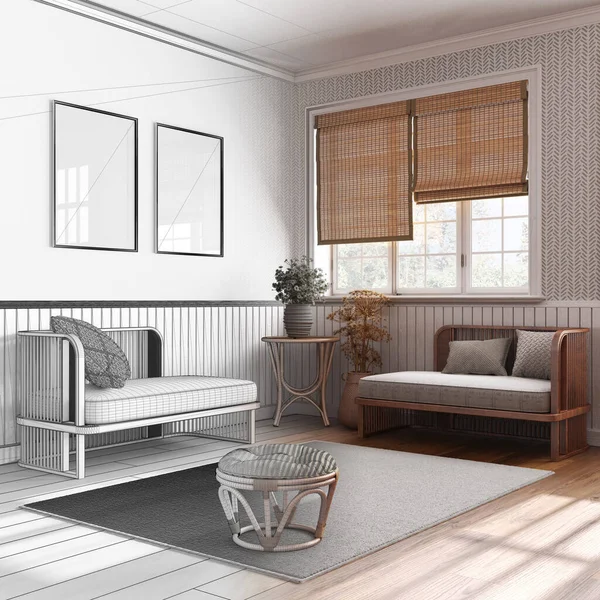建筑师室内设计理念 手绘草稿 未完成的工程成为现实 日本木制客厅 木制沙发和藤制家具 农舍风格 — 图库照片