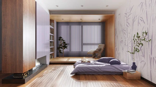 Minimalist wooden bedroom in white and purple tones. Bed with pillows and fireplace. Wallpaper and parquet floor. Japandi interior design