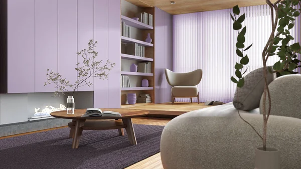 Modern wooden living room in white and purple tones. Sofa close up and fireplace. Bookshelf and parquet floor. Minimalist japandi interior design