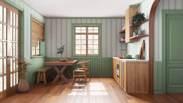 Farmhouse wooden kitchen with dining room in white and green tones. Cabinets and table with chair. Wallpaper and parquet floor. Japandi interior design