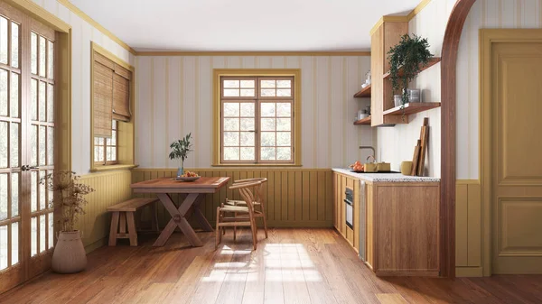 Farmhouse wooden kitchen with dining room in white and yellow tones. Cabinets and table with chair. Wallpaper and parquet floor. Japandi interior design