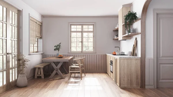 Farmhouse bleached wooden kitchen with dining room in white and beige tones. Cabinets and table with chair. Parquet floor. Japandi interior design